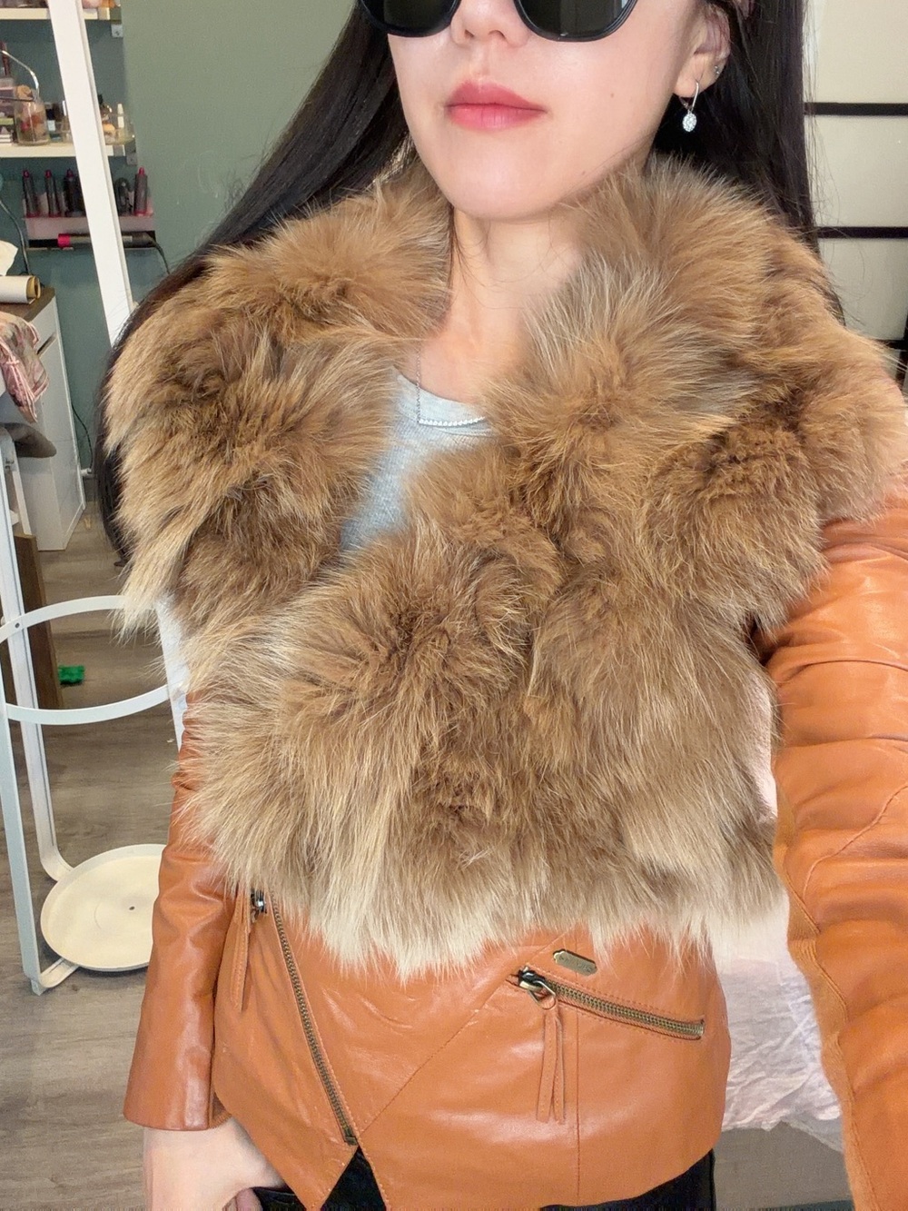 Vintage ONLY Real Fox Fur Collar Lamb Leather Jacket Y2K Moto XS/S - Picture 5 of 13